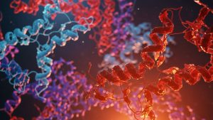 we see colorful strands of molecules and peptides under a microscope. The image is colorful and energetic and illustrates the science behind some functional medicine therapies.