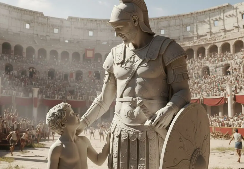 a pair of statues look at each other smiling. one is of a gladiator and the other is his son. in the background, we see the arena. This image is a metaphor for life itself and suggests that anti aging for men is timeless and eternal.