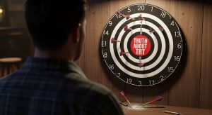 a dart board has a bullseye that says "truth about trt" in it and darts have missed and hit the wall. This image is representative about how testosterone myths have been incorrectly perpetuated.