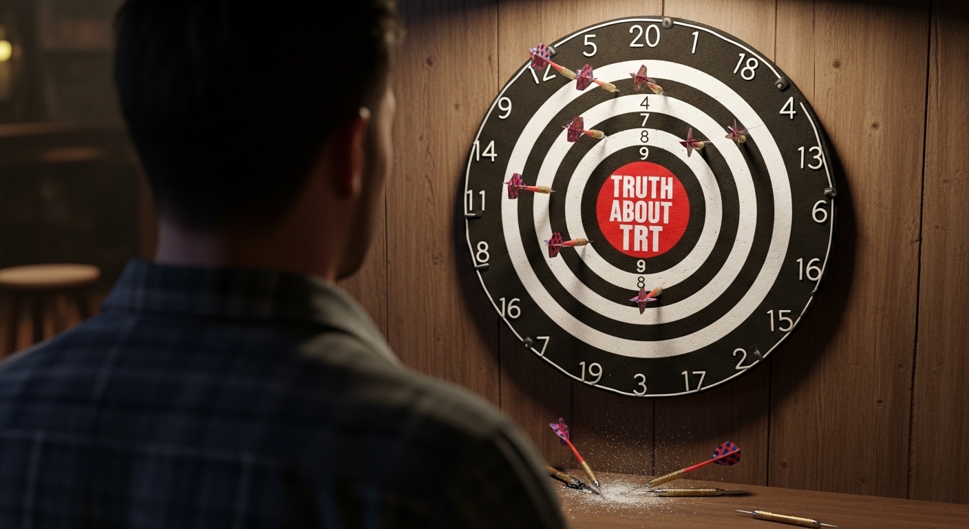 a dart board has a bullseye that says "truth about trt" in it and darts have missed and hit the wall. This image is representative about how testosterone myths have been incorrectly perpetuated.